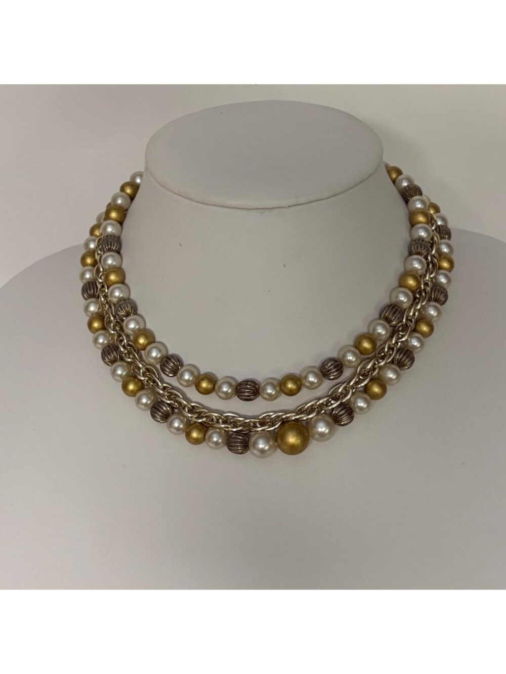Vintage Multi Strand Faux Pearl Gold Tone Chain Necklace Chunky Statement 16-18"